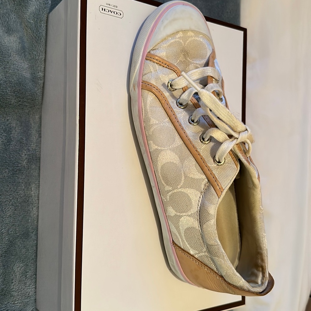 coach sneakers with pink and tan leather detail